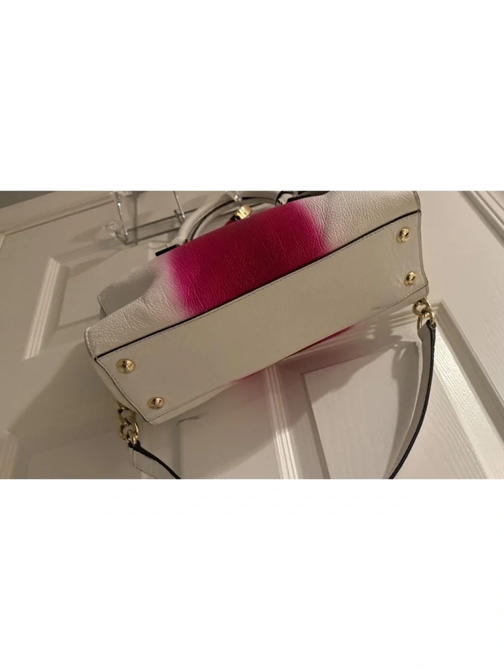 Michael Kors White and Pink Leather Satchel Handbag with Gold Hardware